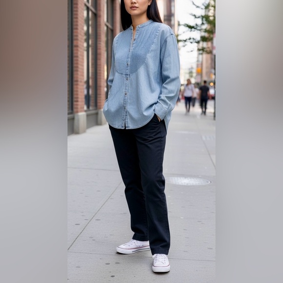 Vintage Country Seat Nuovo Denim Shirt Women’s Small Pintuck Mandarin Collar 90s - Picture 10 of 17